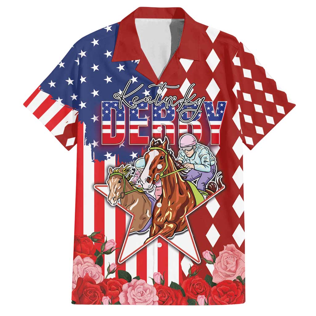Kentucky Horses Racing Family Matching Long Sleeve Bodycon Dress and Hawaiian Shirt US Flag Grunge and Diamond Pattern Red Color