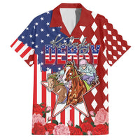 Kentucky Horses Racing Family Matching Long Sleeve Bodycon Dress and Hawaiian Shirt US Flag Grunge and Diamond Pattern Red Color
