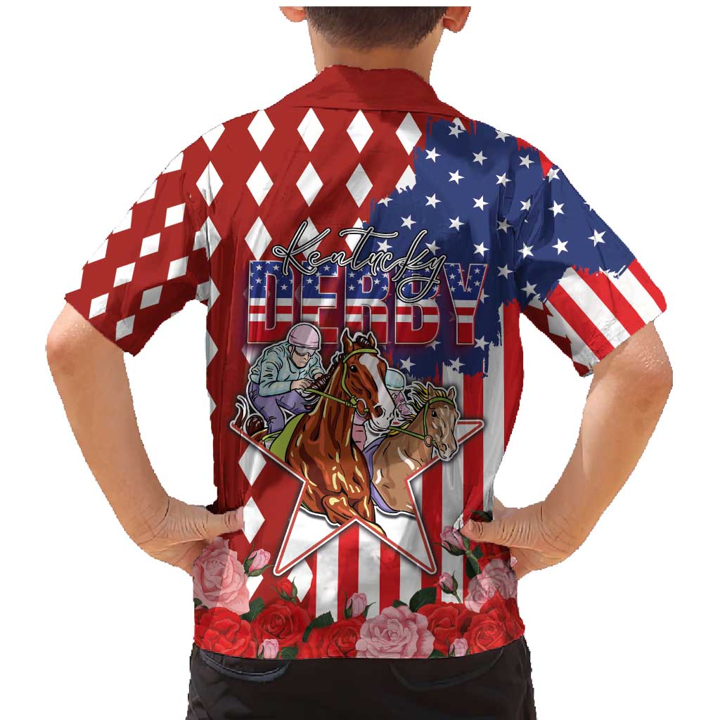 Kentucky Horses Racing Family Matching Mermaid Dress and Hawaiian Shirt US Flag Grunge and Diamond Pattern Red Color