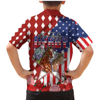 Kentucky Horses Racing Family Matching Mermaid Dress and Hawaiian Shirt US Flag Grunge and Diamond Pattern Red Color