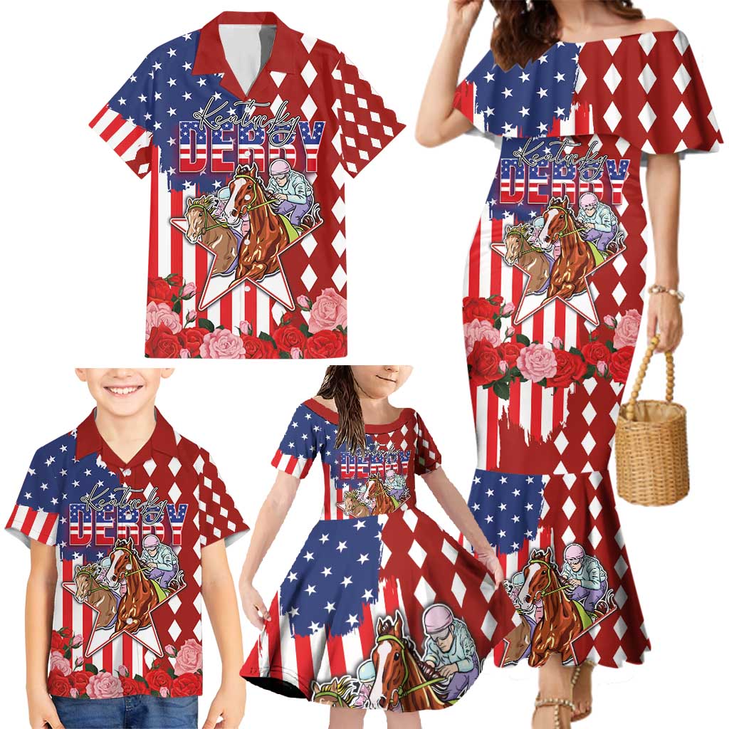 Kentucky Horses Racing Family Matching Mermaid Dress and Hawaiian Shirt US Flag Grunge and Diamond Pattern Red Color