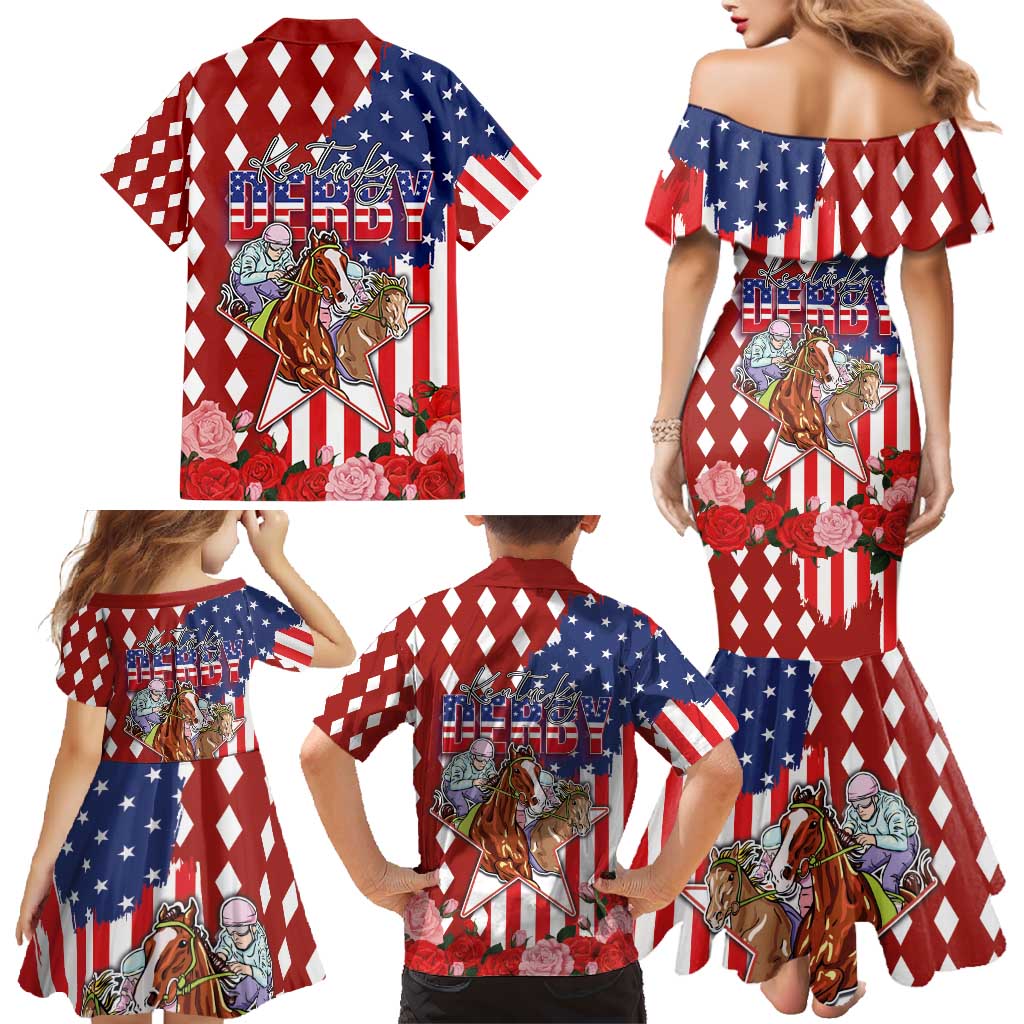 Kentucky Horses Racing Family Matching Mermaid Dress and Hawaiian Shirt US Flag Grunge and Diamond Pattern Red Color