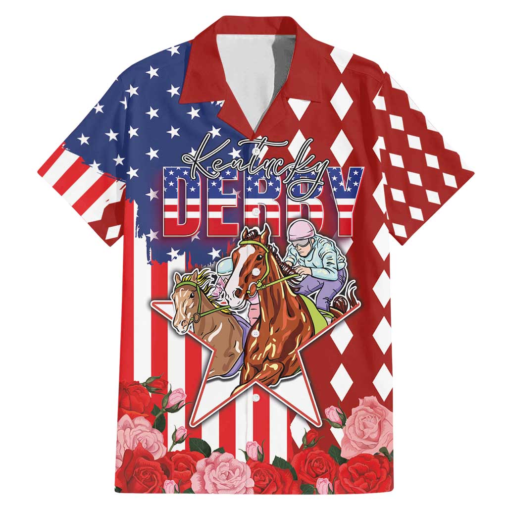 Kentucky Horses Racing Family Matching Mermaid Dress and Hawaiian Shirt US Flag Grunge and Diamond Pattern Red Color