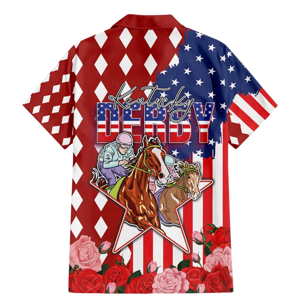 Kentucky Horses Racing Family Matching Mermaid Dress and Hawaiian Shirt US Flag Grunge and Diamond Pattern Red Color