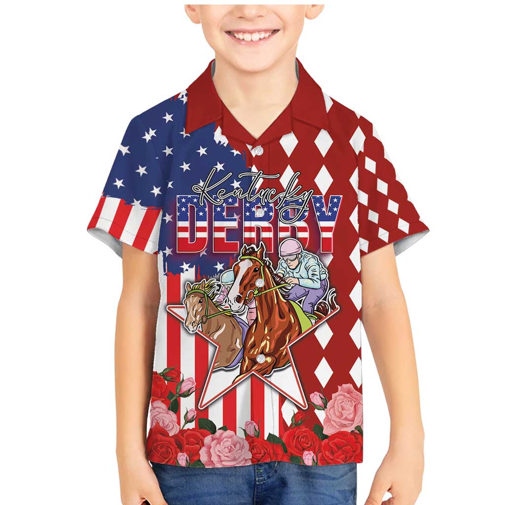 Kentucky Horses Racing Family Matching Mermaid Dress and Hawaiian Shirt US Flag Grunge and Diamond Pattern Red Color