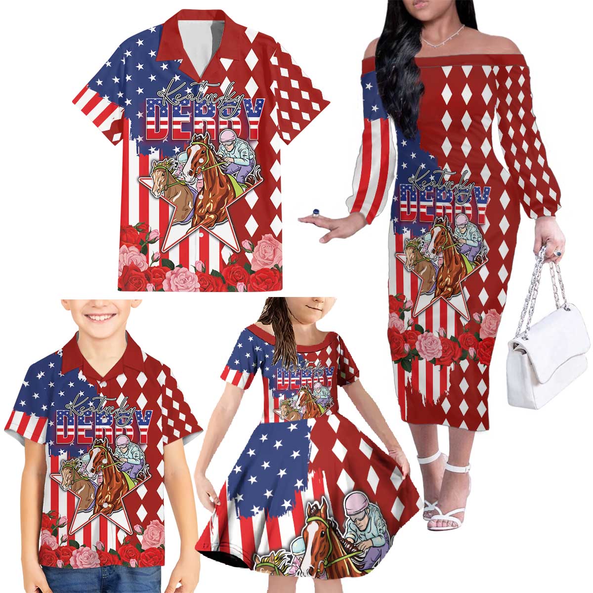 Kentucky Horses Racing Family Matching Off The Shoulder Long Sleeve Dress and Hawaiian Shirt US Flag Grunge and Diamond Pattern Red Color