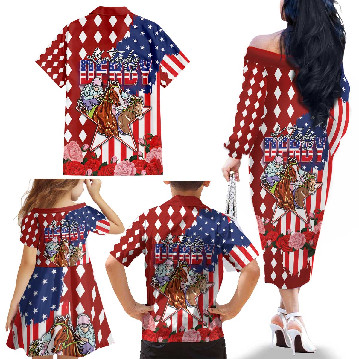 Kentucky Horses Racing Family Matching Off The Shoulder Long Sleeve Dress and Hawaiian Shirt US Flag Grunge and Diamond Pattern Red Color