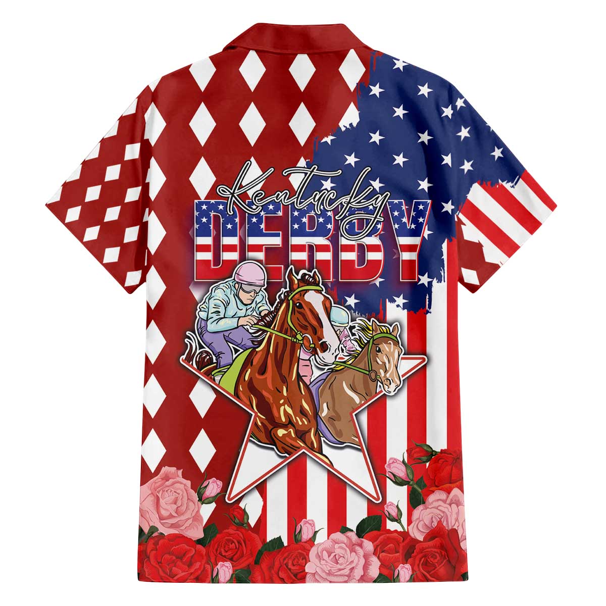 Kentucky Horses Racing Family Matching Off The Shoulder Long Sleeve Dress and Hawaiian Shirt US Flag Grunge and Diamond Pattern Red Color