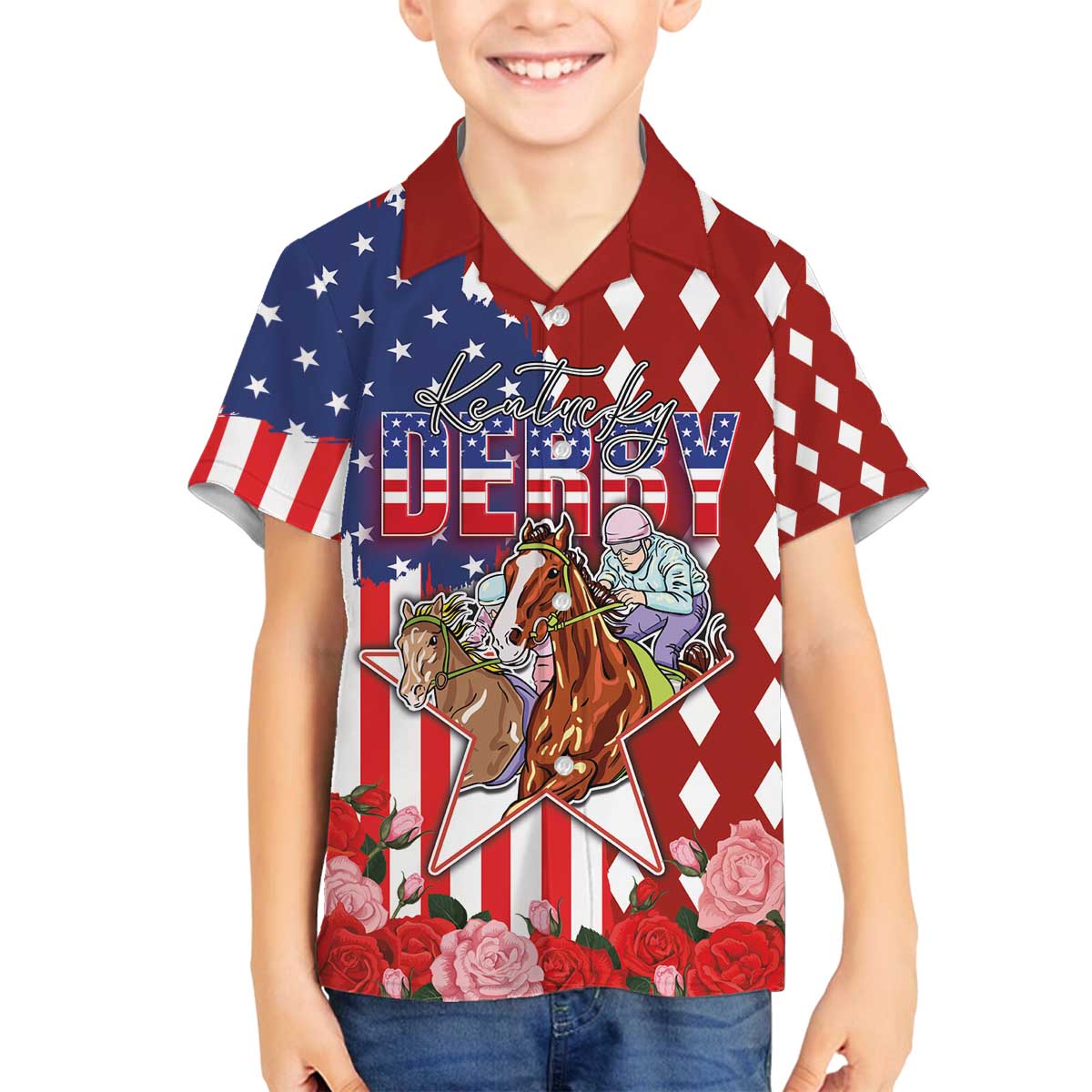 Kentucky Horses Racing Family Matching Off The Shoulder Long Sleeve Dress and Hawaiian Shirt US Flag Grunge and Diamond Pattern Red Color
