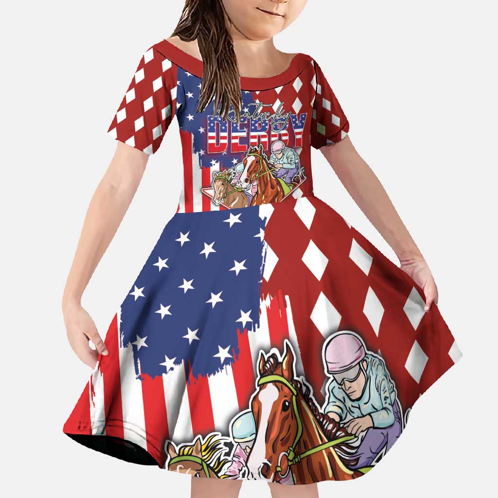 Kentucky Horses Racing Family Matching Off Shoulder Maxi Dress and Hawaiian Shirt US Flag Grunge and Diamond Pattern Red Color