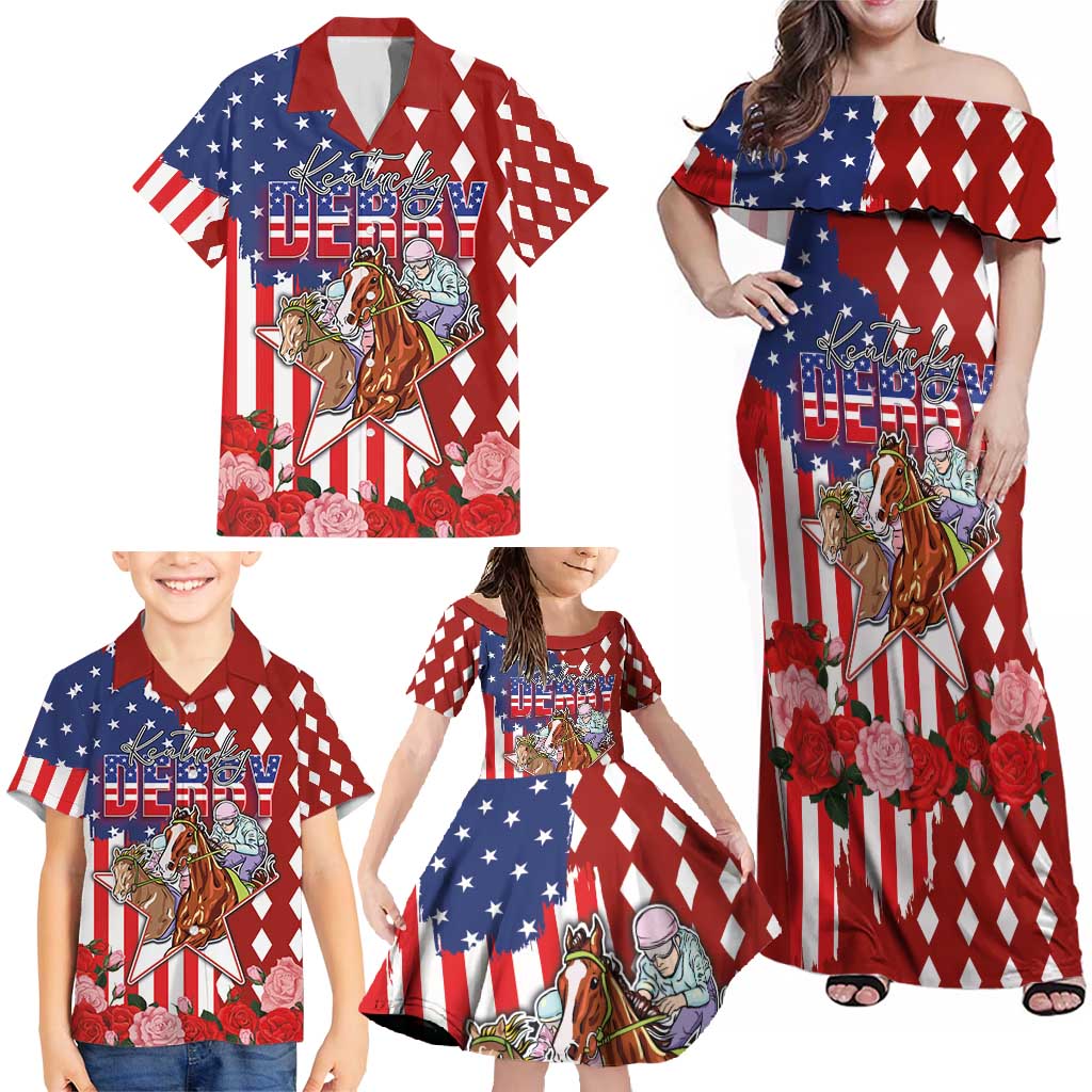 Kentucky Horses Racing Family Matching Off Shoulder Maxi Dress and Hawaiian Shirt US Flag Grunge and Diamond Pattern Red Color