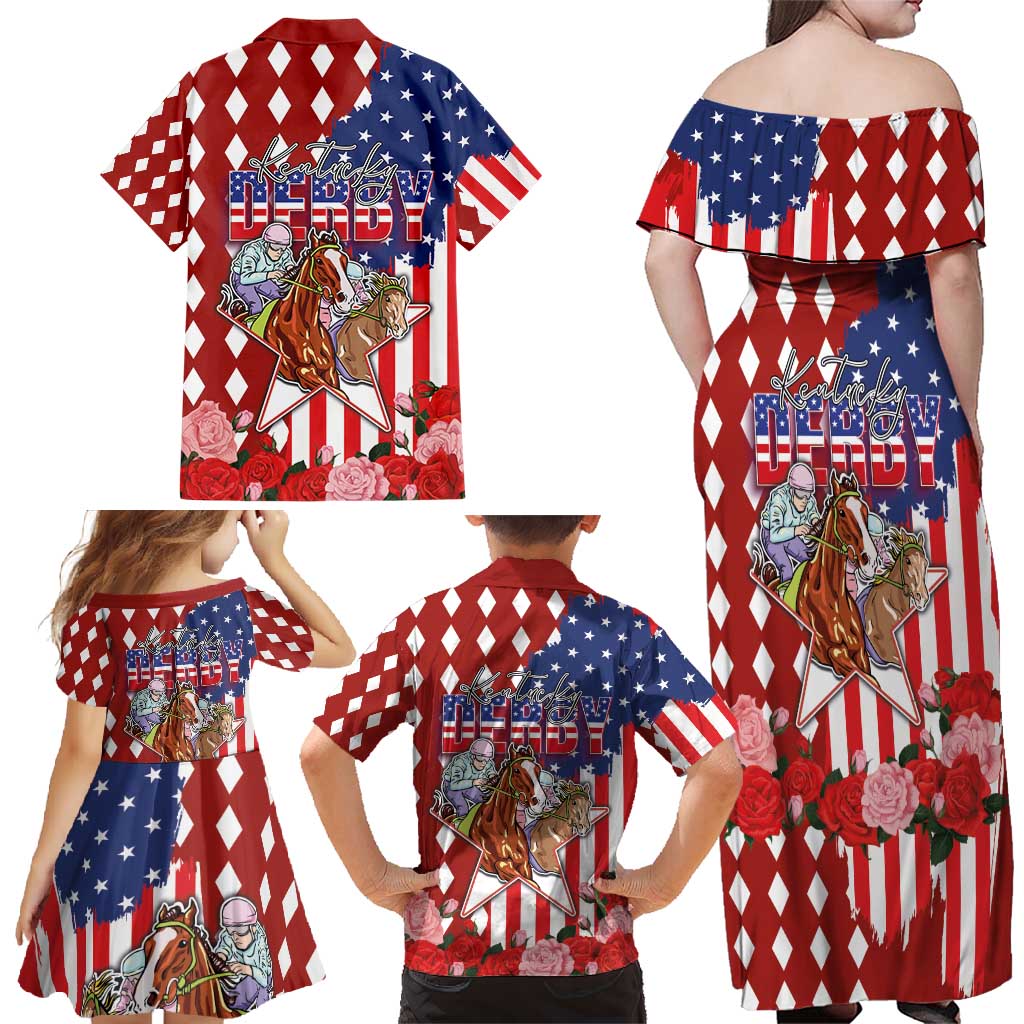 Kentucky Horses Racing Family Matching Off Shoulder Maxi Dress and Hawaiian Shirt US Flag Grunge and Diamond Pattern Red Color