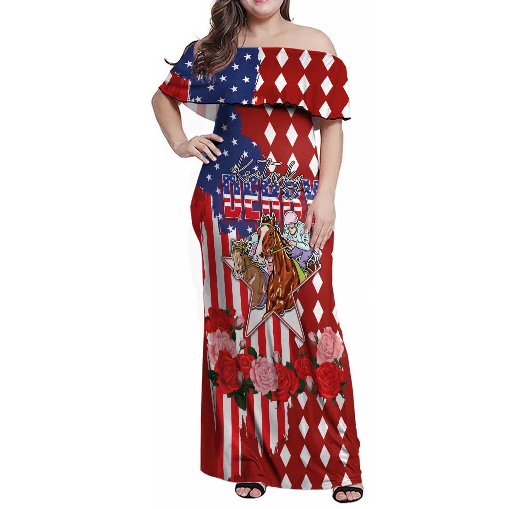 Kentucky Horses Racing Family Matching Off Shoulder Maxi Dress and Hawaiian Shirt US Flag Grunge and Diamond Pattern Red Color