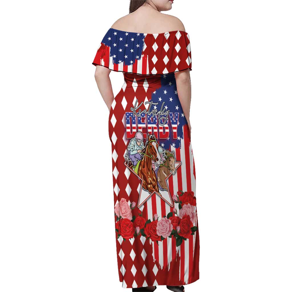 Kentucky Horses Racing Family Matching Off Shoulder Maxi Dress and Hawaiian Shirt US Flag Grunge and Diamond Pattern Red Color