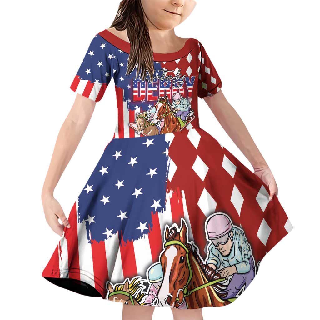 Kentucky Horses Racing Family Matching Off Shoulder Short Dress and Hawaiian Shirt US Flag Grunge and Diamond Pattern Red Color