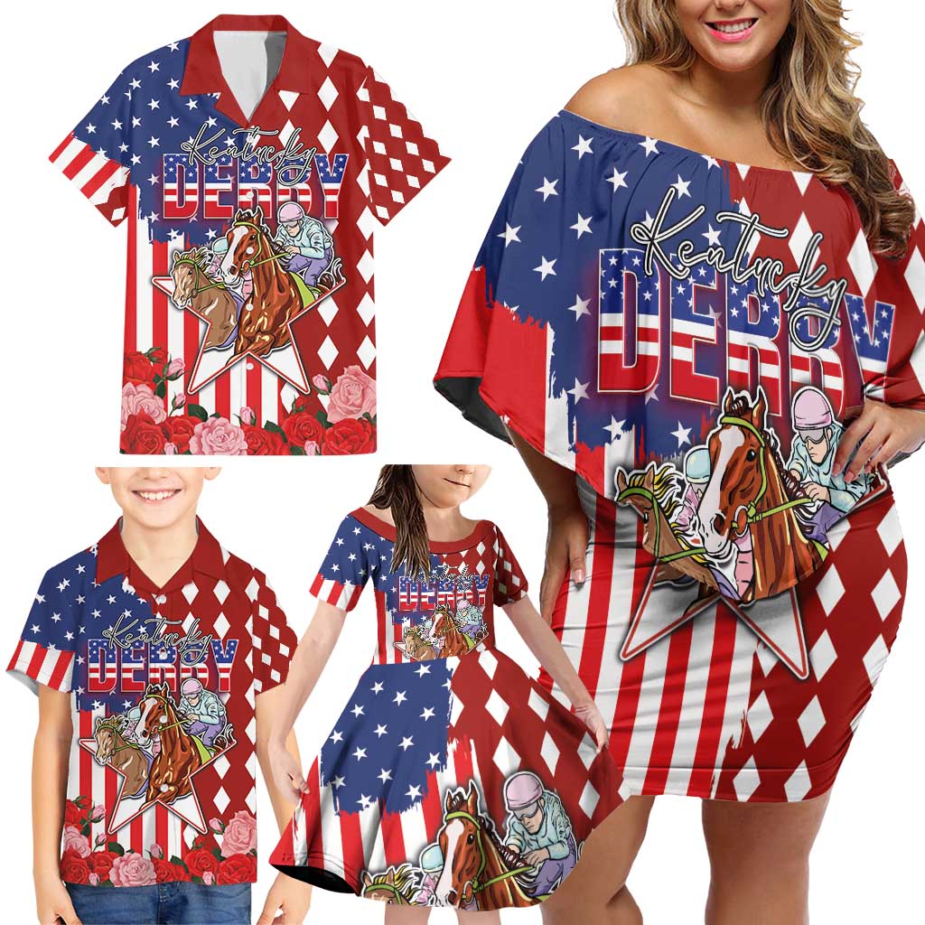 Kentucky Horses Racing Family Matching Off Shoulder Short Dress and Hawaiian Shirt US Flag Grunge and Diamond Pattern Red Color