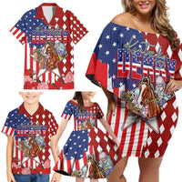 Kentucky Horses Racing Family Matching Off Shoulder Short Dress and Hawaiian Shirt US Flag Grunge and Diamond Pattern Red Color