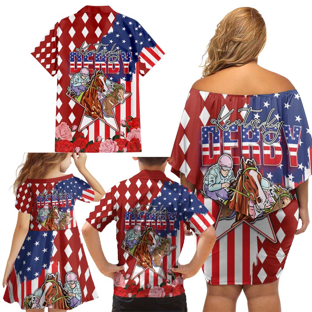 Kentucky Horses Racing Family Matching Off Shoulder Short Dress and Hawaiian Shirt US Flag Grunge and Diamond Pattern Red Color