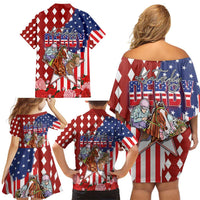 Kentucky Horses Racing Family Matching Off Shoulder Short Dress and Hawaiian Shirt US Flag Grunge and Diamond Pattern Red Color