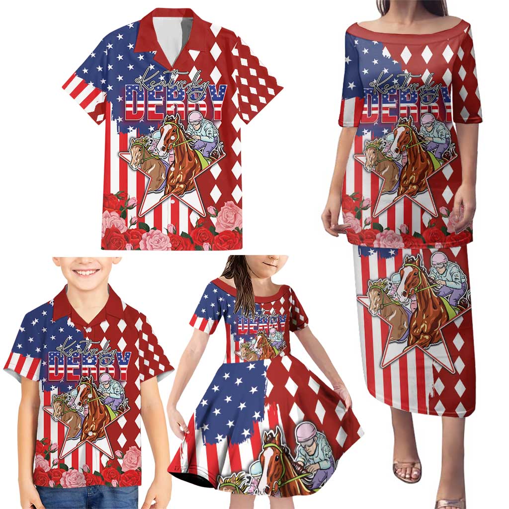 Kentucky Horses Racing Family Matching Puletasi and Hawaiian Shirt US Flag Grunge and Diamond Pattern Red Color