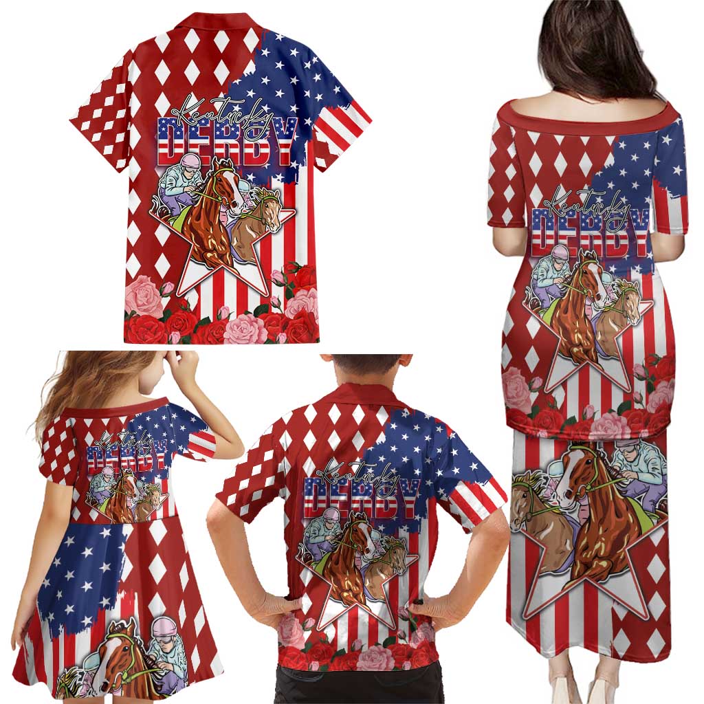Kentucky Horses Racing Family Matching Puletasi and Hawaiian Shirt US Flag Grunge and Diamond Pattern Red Color