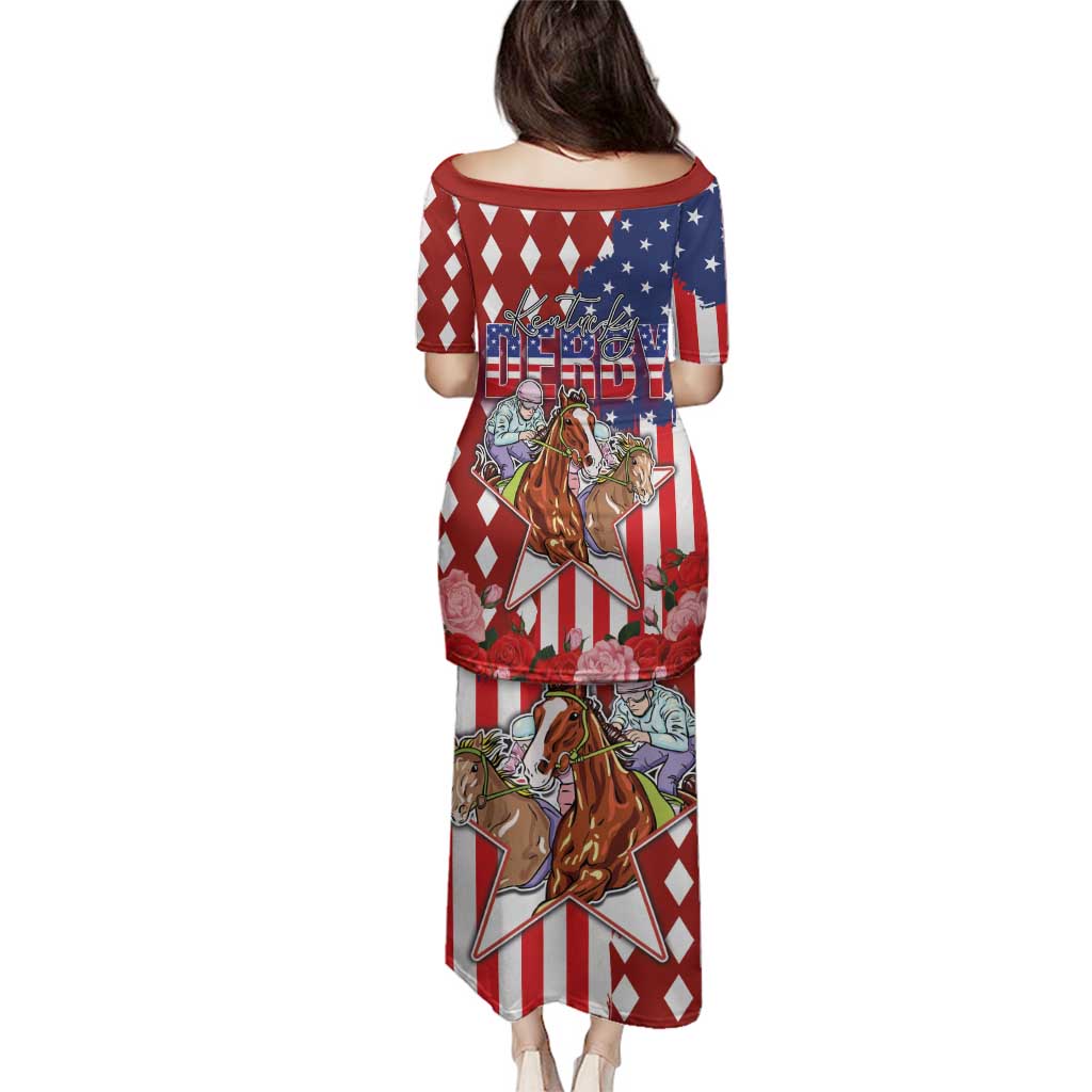 Kentucky Horses Racing Family Matching Puletasi and Hawaiian Shirt US Flag Grunge and Diamond Pattern Red Color