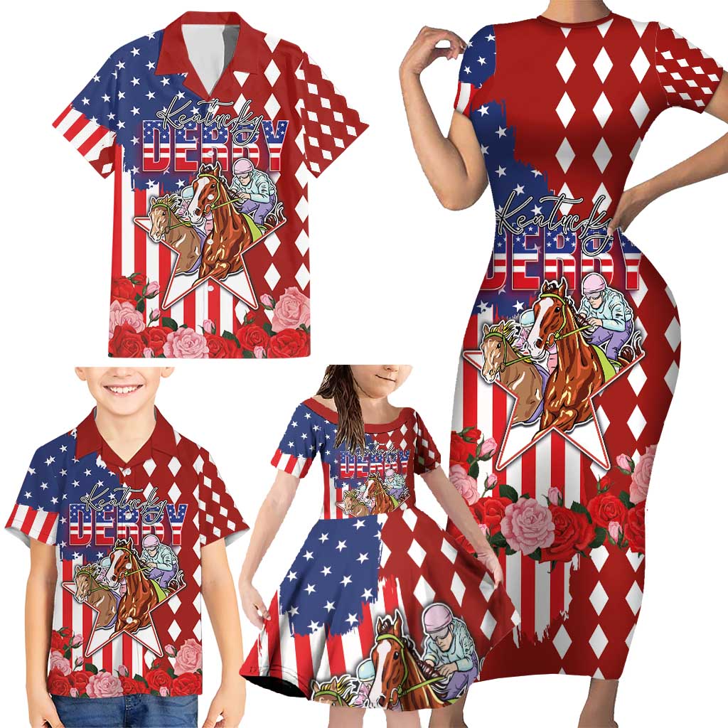 Kentucky Horses Racing Family Matching Short Sleeve Bodycon Dress and Hawaiian Shirt US Flag Grunge and Diamond Pattern Red Color