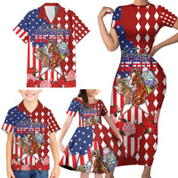 Kentucky Horses Racing Family Matching Short Sleeve Bodycon Dress and Hawaiian Shirt US Flag Grunge and Diamond Pattern Red Color
