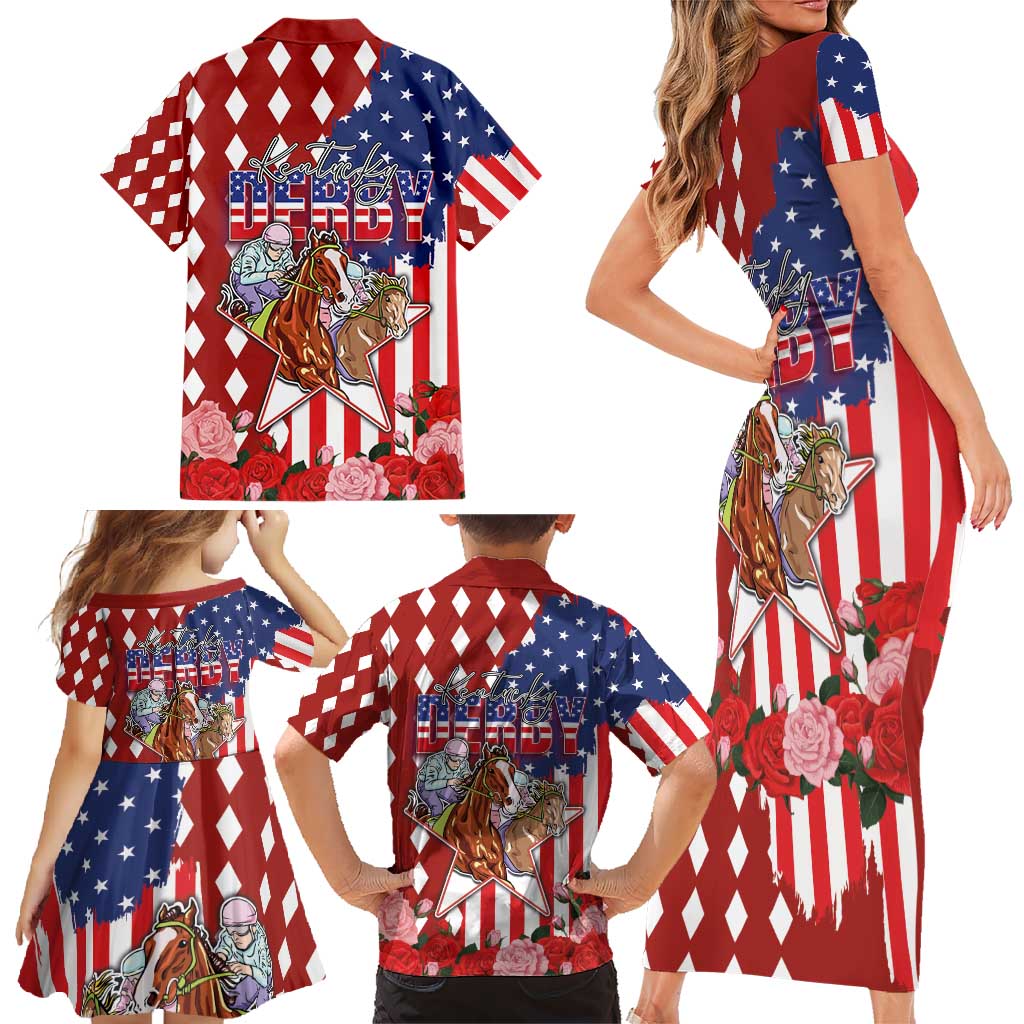 Kentucky Horses Racing Family Matching Short Sleeve Bodycon Dress and Hawaiian Shirt US Flag Grunge and Diamond Pattern Red Color