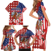 Kentucky Horses Racing Family Matching Short Sleeve Bodycon Dress and Hawaiian Shirt US Flag Grunge and Diamond Pattern Red Color