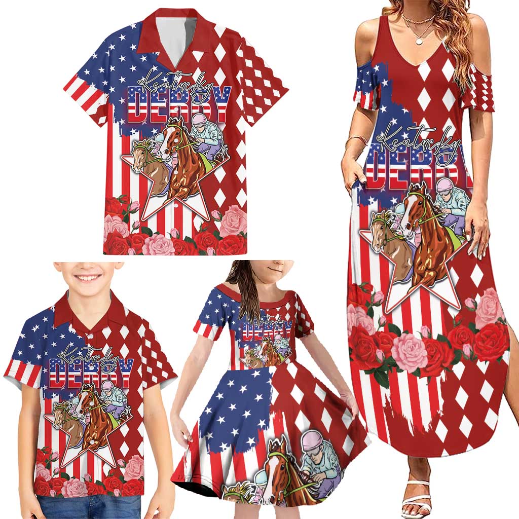 Kentucky Horses Racing Family Matching Summer Maxi Dress and Hawaiian Shirt US Flag Grunge and Diamond Pattern Red Color