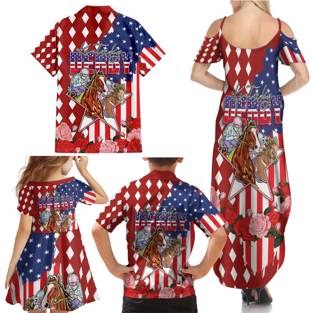 Kentucky Horses Racing Family Matching Summer Maxi Dress and Hawaiian Shirt US Flag Grunge and Diamond Pattern Red Color