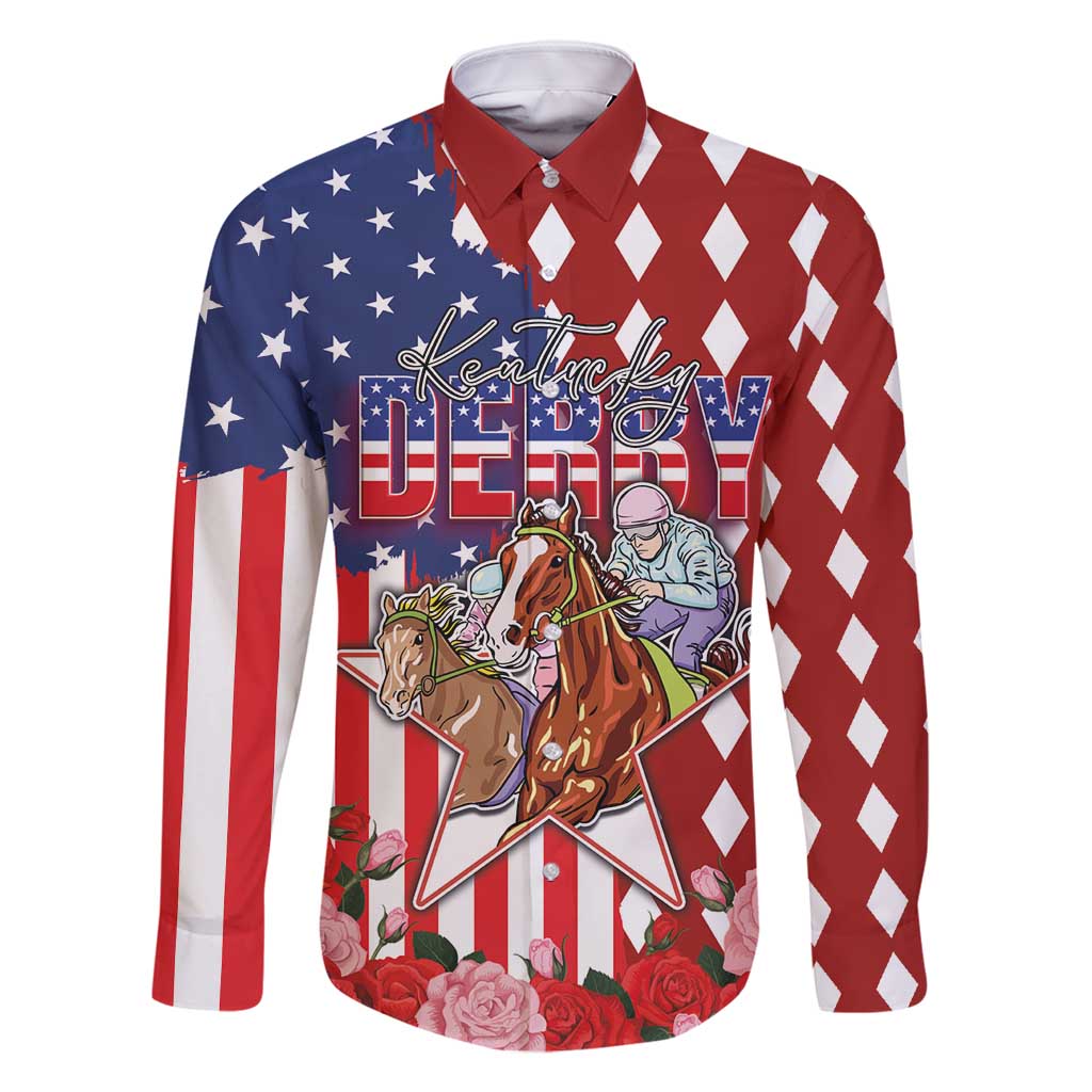 Kentucky Horses Racing Family Matching Summer Maxi Dress and Hawaiian Shirt US Flag Grunge and Diamond Pattern Red Color