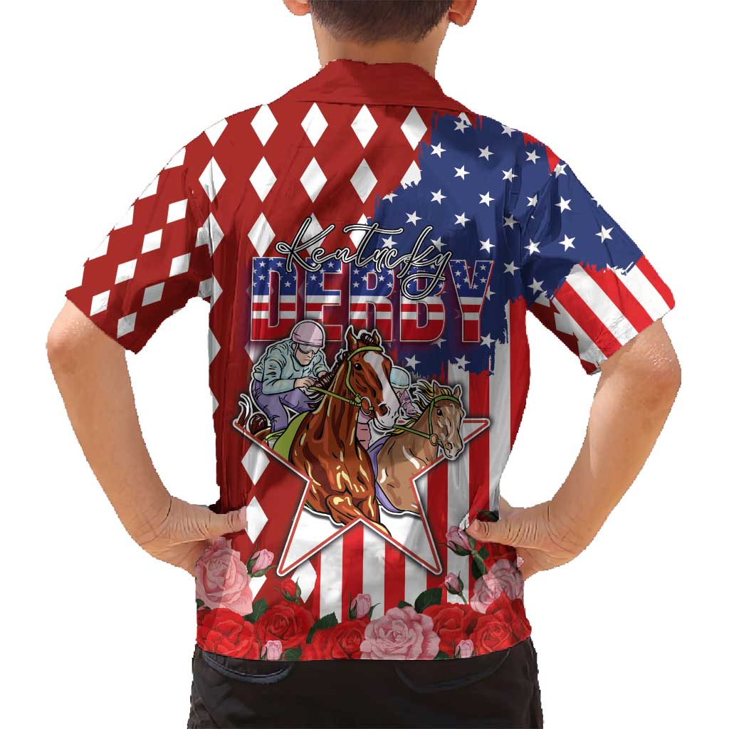 Kentucky Horses Racing Family Matching Tank Maxi Dress and Hawaiian Shirt US Flag Grunge and Diamond Pattern Red Color