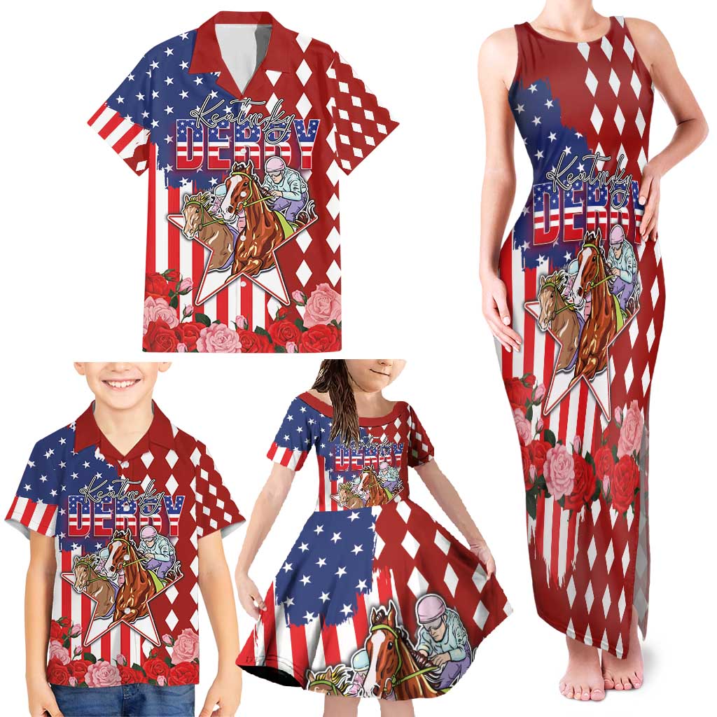 Kentucky Horses Racing Family Matching Tank Maxi Dress and Hawaiian Shirt US Flag Grunge and Diamond Pattern Red Color