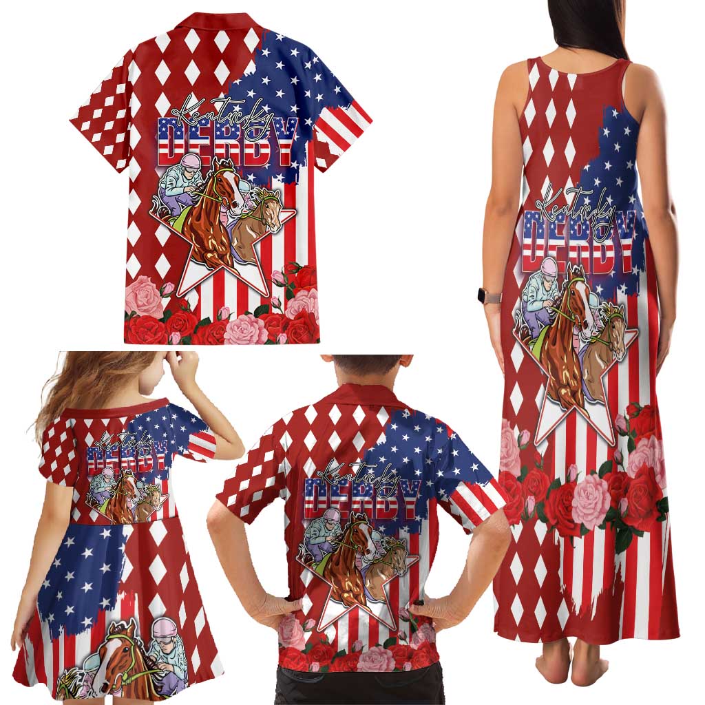 Kentucky Horses Racing Family Matching Tank Maxi Dress and Hawaiian Shirt US Flag Grunge and Diamond Pattern Red Color