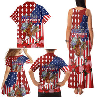 Kentucky Horses Racing Family Matching Tank Maxi Dress and Hawaiian Shirt US Flag Grunge and Diamond Pattern Red Color