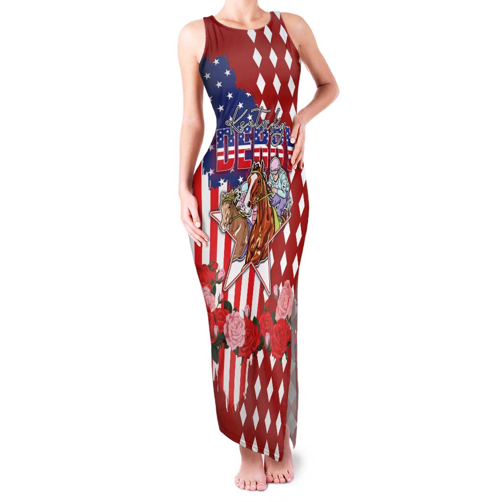 Kentucky Horses Racing Family Matching Tank Maxi Dress and Hawaiian Shirt US Flag Grunge and Diamond Pattern Red Color