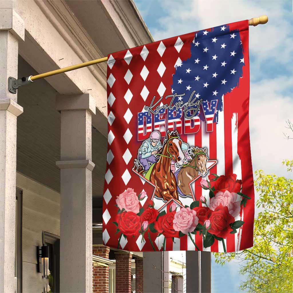 Kentucky Horses Racing Garden Flag US Flag Grunge and Diamond Pattern Red Color