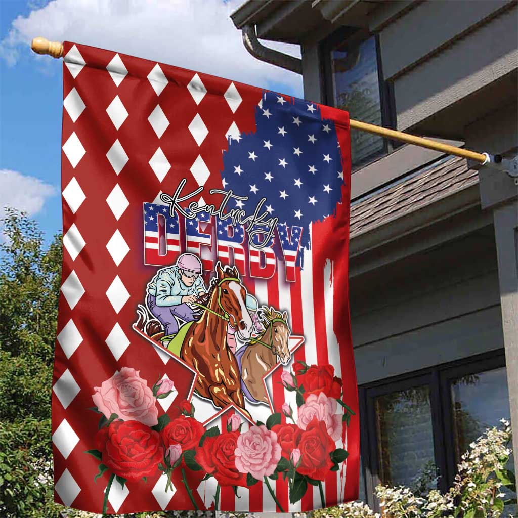 Kentucky Horses Racing Garden Flag US Flag Grunge and Diamond Pattern Red Color