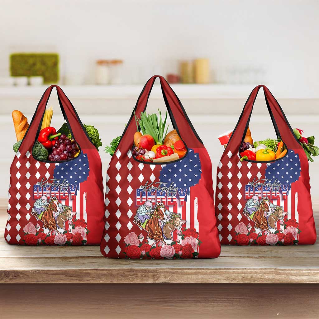 Kentucky Horses Racing Grocery Bag US Flag Grunge and Diamond Pattern Red Color