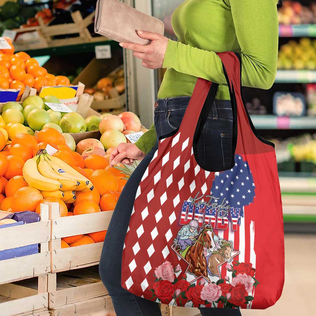 Kentucky Horses Racing Grocery Bag US Flag Grunge and Diamond Pattern Red Color