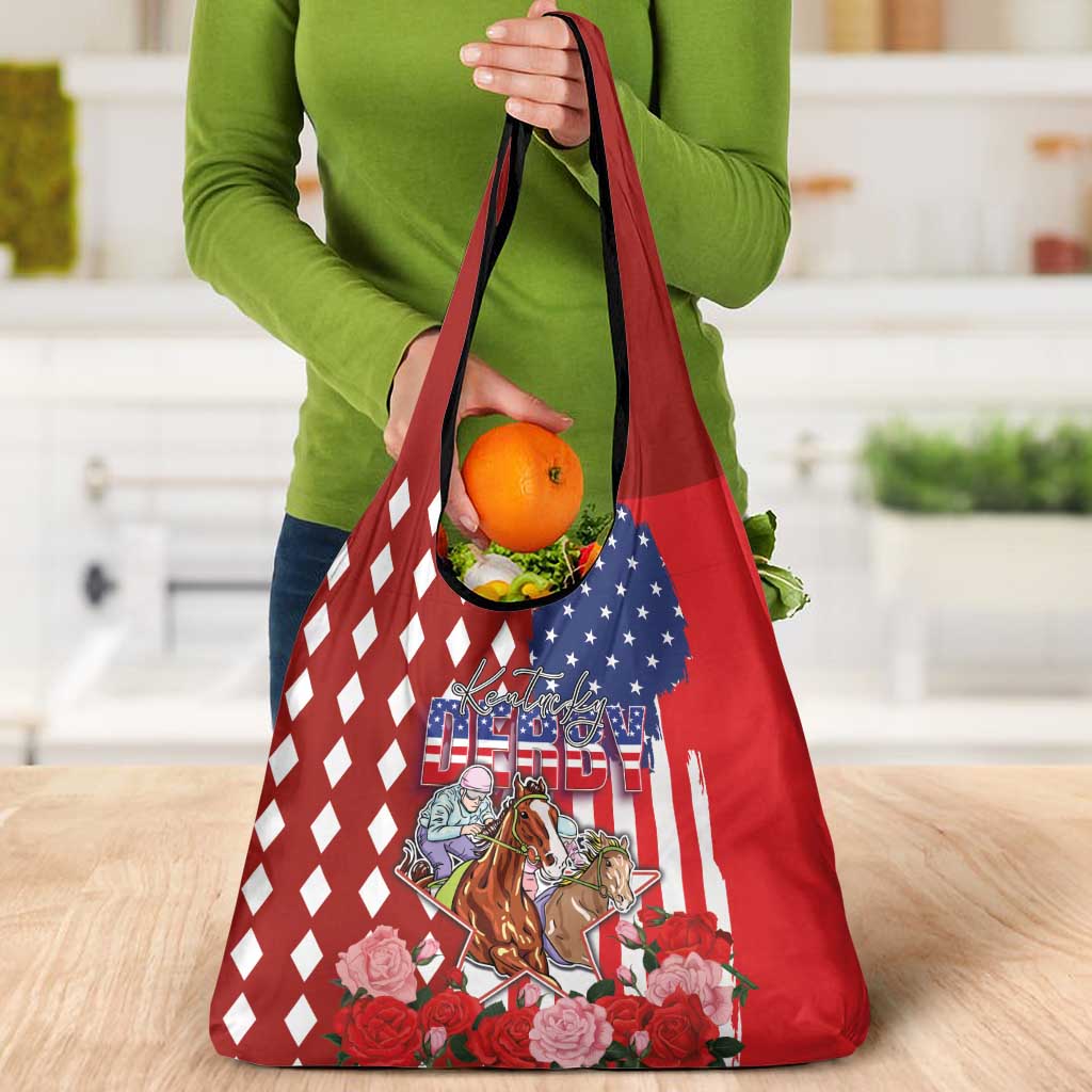 Kentucky Horses Racing Grocery Bag US Flag Grunge and Diamond Pattern Red Color