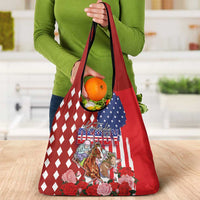 Kentucky Horses Racing Grocery Bag US Flag Grunge and Diamond Pattern Red Color
