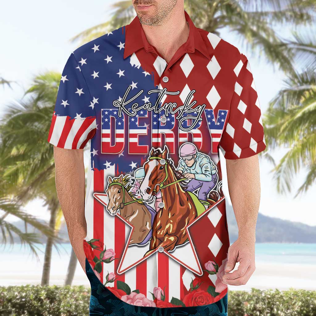 Kentucky Horses Racing Hawaiian Shirt US Flag Grunge and Diamond Pattern Red Color