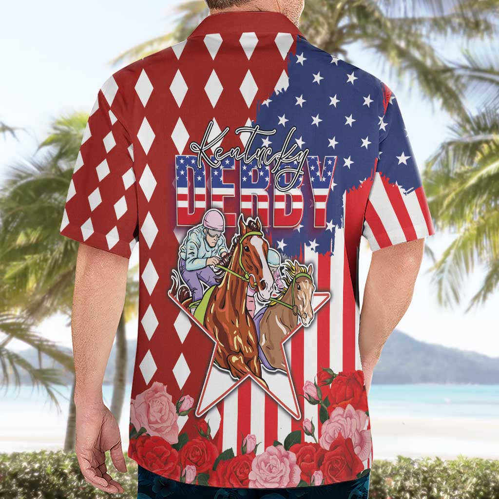 Kentucky Horses Racing Hawaiian Shirt US Flag Grunge and Diamond Pattern Red Color