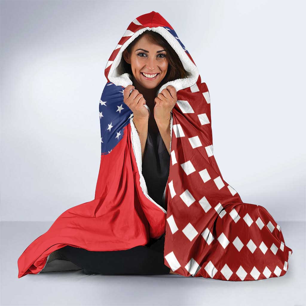 Kentucky Horses Racing Hooded Blanket US Flag Grunge and Diamond Pattern Red Color