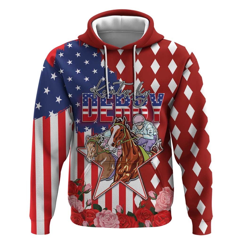 Kentucky Horses Racing Hoodie US Flag Grunge and Diamond Pattern Red Color