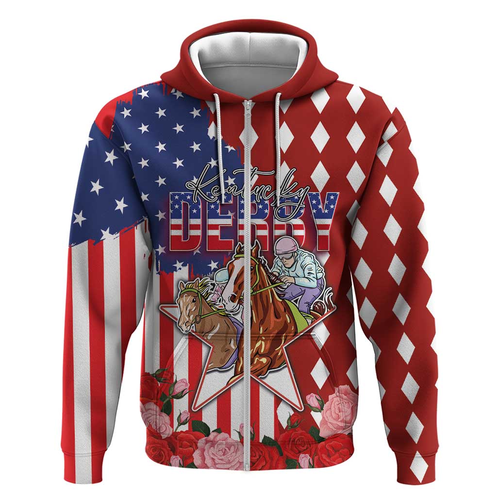 Kentucky Horses Racing Hoodie US Flag Grunge and Diamond Pattern Red Color