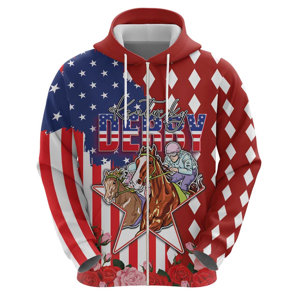 Kentucky Horses Racing Hoodie US Flag Grunge and Diamond Pattern Red Color